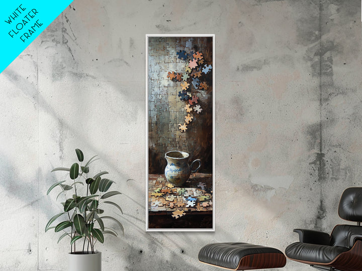 Floating Puzzle Pieces And Teacup Wall Art, Whimsical Still Life Oil Painting Print, Eclectic Game Room Home Decor Gift Idea