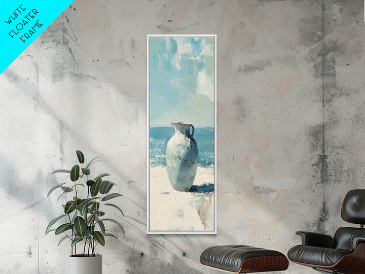 White Ceramic Vase By The Sea Canvas Print, Coastal Wall Art, Minimalist Ocean Decor, Beach House Living Room Art, Neutral Home Decor