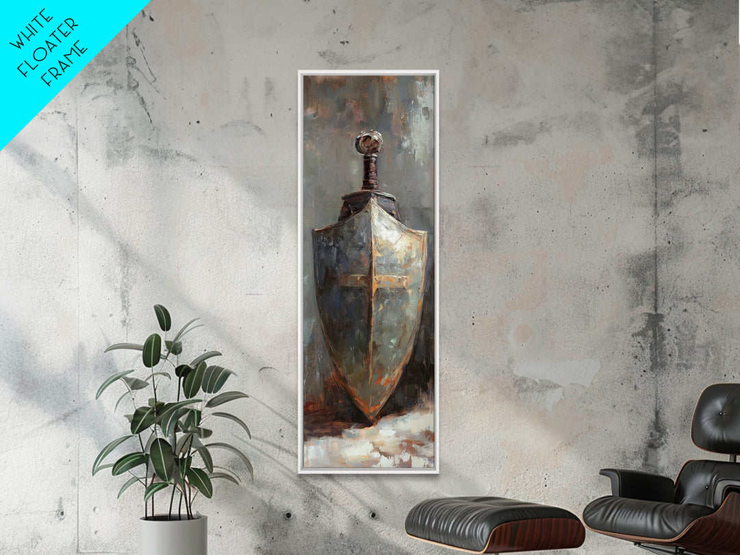 Medieval Shield And Sword Wall Art, Dark Academia Canvas Print, Rustic Gothic Decor, Fantasy Armor Painting, Masculine Office Art