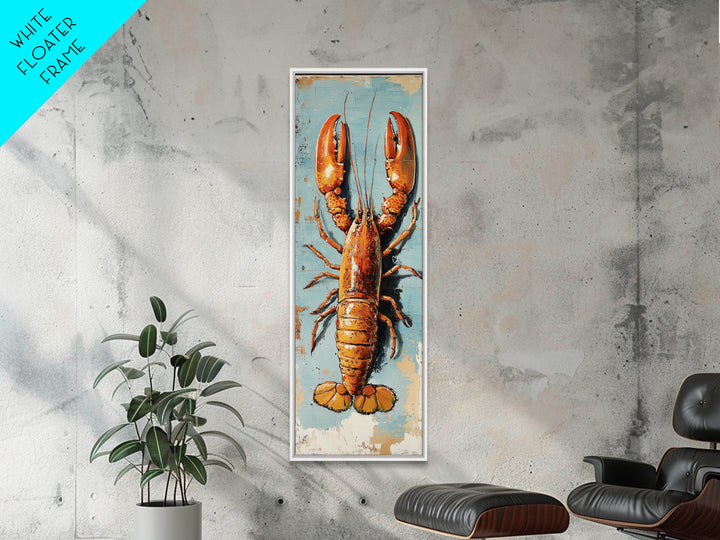 Orange Lobster On Weathered Blue Wall Art, Coastal Kitchen Decor, Nautical Canvas Print, Seafood Wall Decor, Beach House Gift