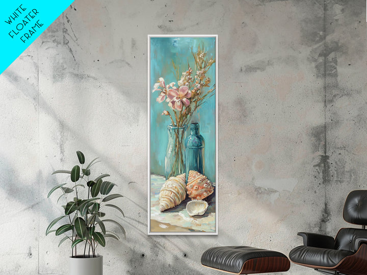 Coastal Seashells And Blue Bottles Wall Art, Beach Canvas Print, Nautical Decor, Ocean Wall Art, Beach House Gift For Her