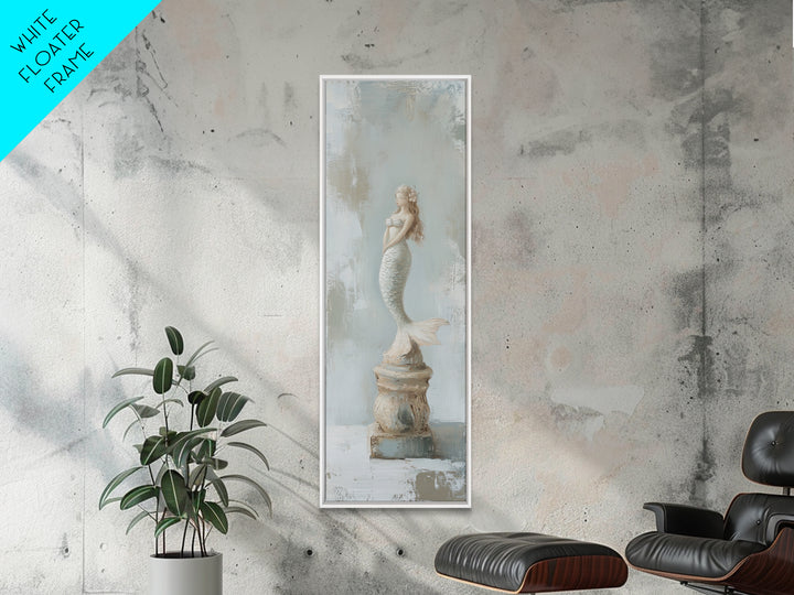 White Mermaid Statue Coastal Wall Art, Nautical Bathroom Canvas Print, Beach House Decor, Feminine Fantasy Gift For Her Home