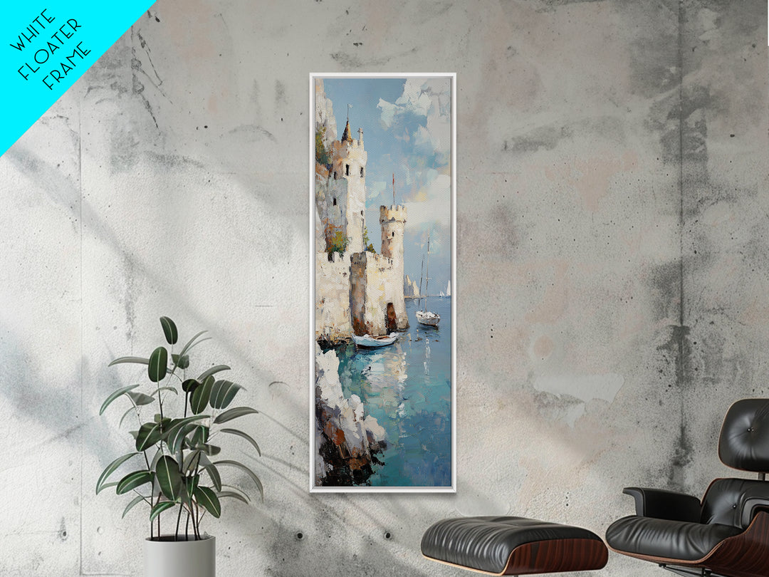 Seaside Castle With Sailboats Canvas Print, Coastal Wall Art, Mediterranean Decor, Lake Como Art, Nautical Living Room Decor