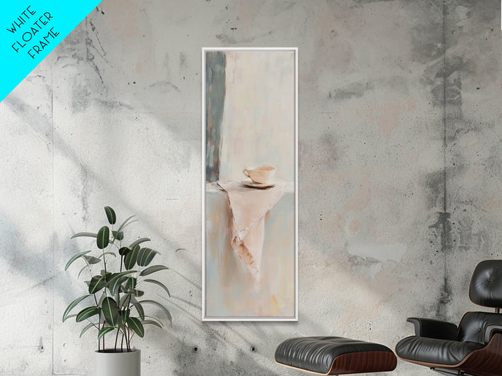 Minimalist Teacup On Linen Shelf Wall Art, Neutral Kitchen Decor, Coffee Bar Art Print, Japandi Canvas Print, Gift For Her