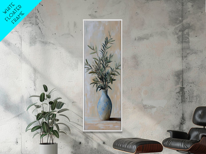 Olive Branches In Blue Vase Framed Canvas Print, Botanical Wall Art, Neutral Wall Decor, Mediterranean Home Decor Gift For Her