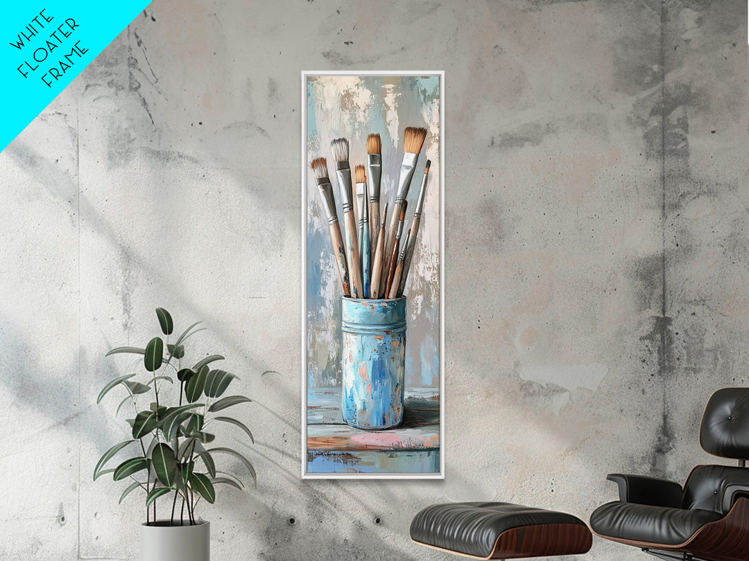 Paint Brushes In Blue Tin Wall Art, Artist Studio Canvas Print For Office Decor, Creative Home Decor And Gift For Art Lover