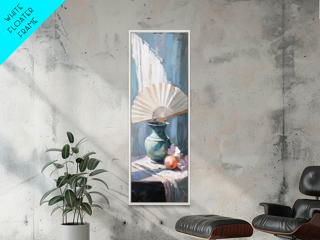 White Folding Fan Over Blue Vase Wall Art, Japandi Canvas Print For Bedroom Decor, Elegant Still Life And Modern Home Decor