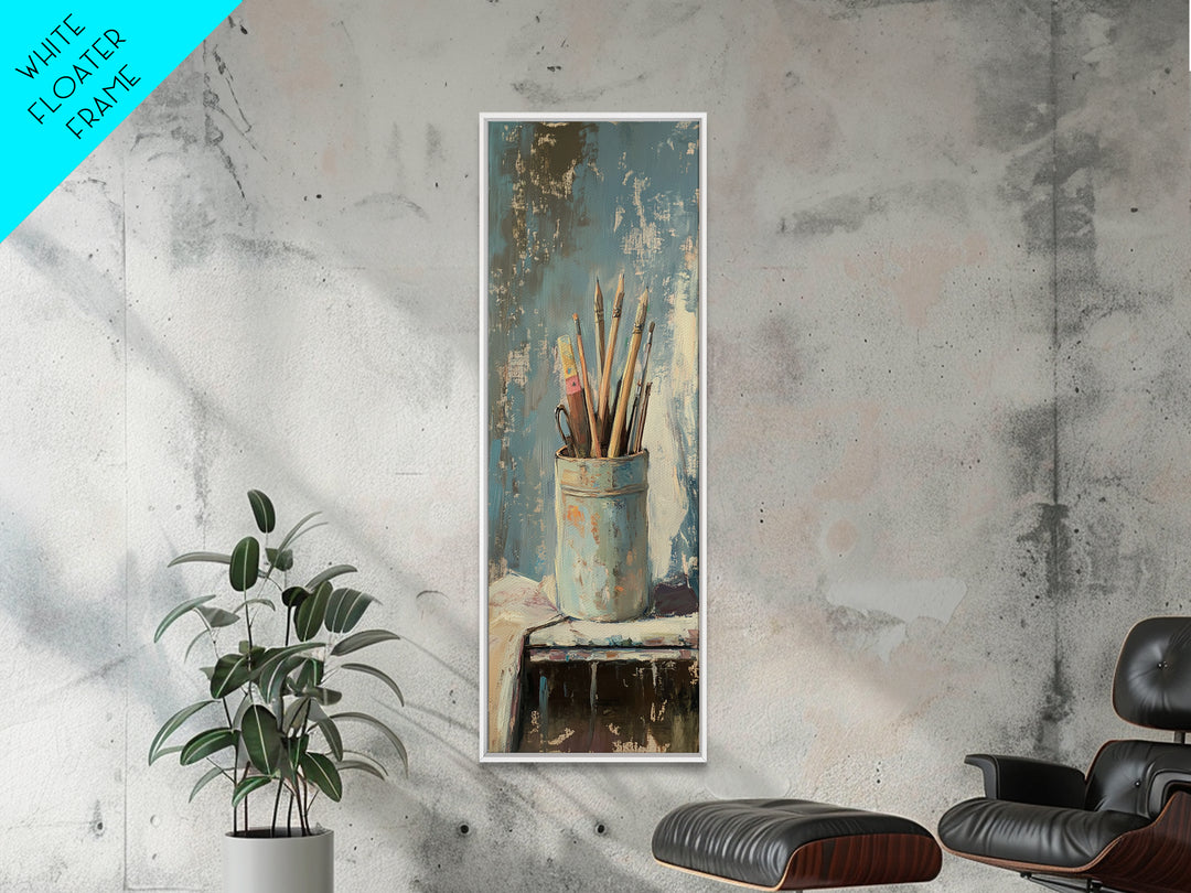 Paintbrushes In Blue Cup Wall Art, Artist Studio Canvas Print, Rustic Creative Office Decor For Art Lover Gift And Home Decor