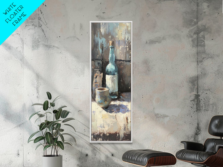 Blue Bottle And Ceramic Cup Still Life Canvas Print, Moody Kitchen Wall Art, Rustic Dining Room Decor, Coffee Bar Gift For Her