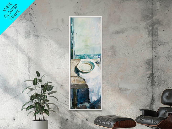 Seaside White Plate And Cup Minimalist Canvas Print, Coastal Kitchen Wall Art, Ocean View Decor, Beach House Gift For Her