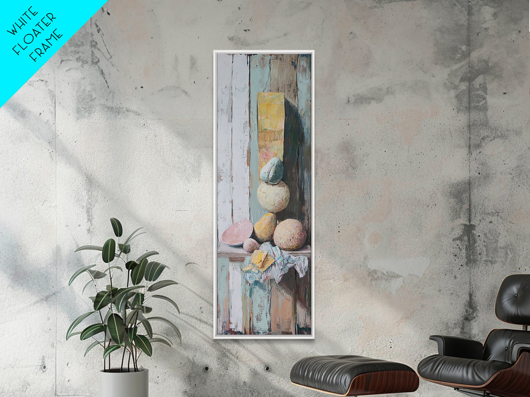 Pastel Stone Stack Still Life Framed Canvas Print, Wabi Sabi Wall Art, Neutral Rustic Decor, Organic Modern Art Gift For Her