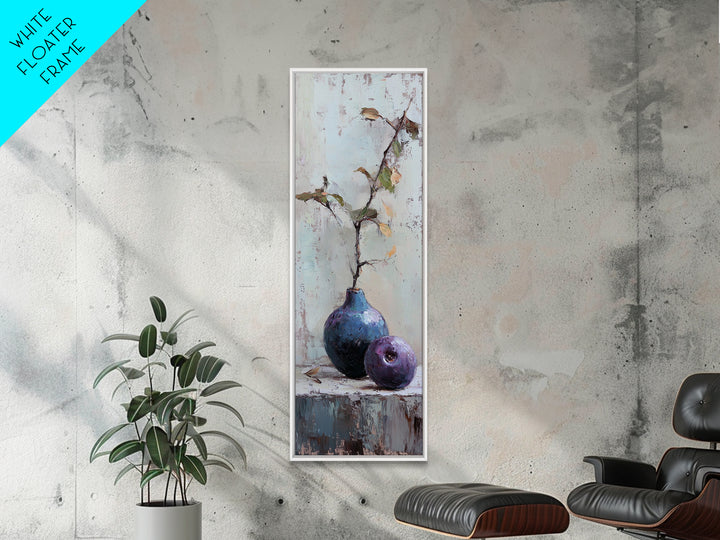 Rustic Blue Vase And Purple Fruit Still Life Wall Art, Textured Botanical Canvas Print For Kitchen And Living Room Decor