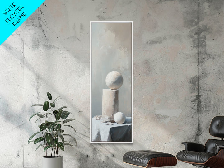 Minimalist White Sphere And Column Still Life Wall Art, Neutral Abstract Canvas Print For Modern Office Decor And Home Decor