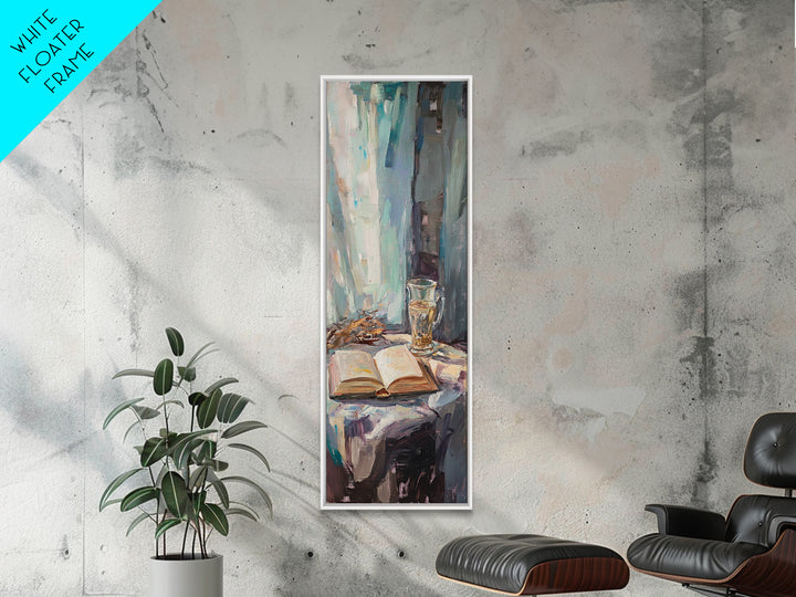Open Book And Wine Glass By Window Wall Art, Moody Reading Nook Canvas Print For Library Decor, Home Office Decor And Book Lover Gift