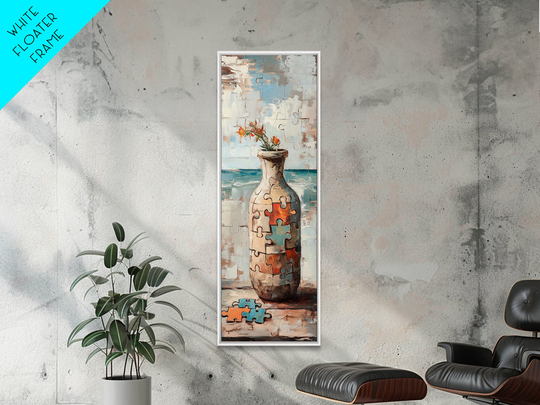 Puzzle Piece Vase With Wildflowers Canvas Print, Whimsical Wall Art, Eclectic Home Decor, Colorful Art, Statement Wall Art