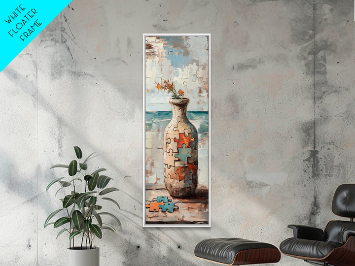 Puzzle Piece Vase With Wildflowers Canvas Print, Whimsical Wall Art, Eclectic Home Decor, Colorful Art, Statement Wall Art