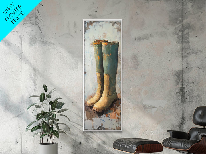 Tall Green Rain Boots Oil Painting Canvas Print, Rustic Farmhouse Decor, Country Wall Art, Mudroom Housewarming Gift For Her