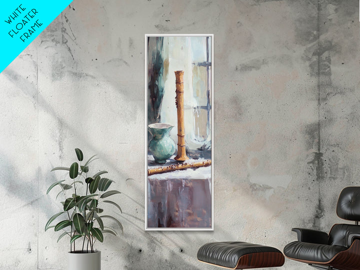 Turquoise Vase And Bamboo Flute Still Life Framed Canvas Print, Japandi Wall Art, Zen Home Decor, Calming Office Art Print