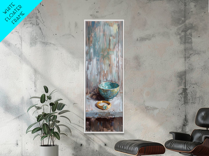 Turquoise Bowl With Gold Ring Oil Painting Canvas Print, Wabi Sabi Wall Art, Rustic Boho Home Decor, Unique Gift For Her