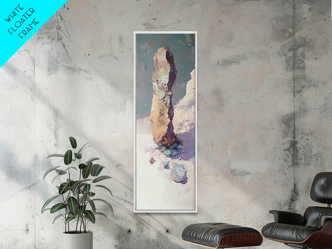 Snowy Standing Stone Impasto Landscape Canvas Print, Minimalist Winter Wall Art, Neutral Nature Decor, Calm Office Art Print