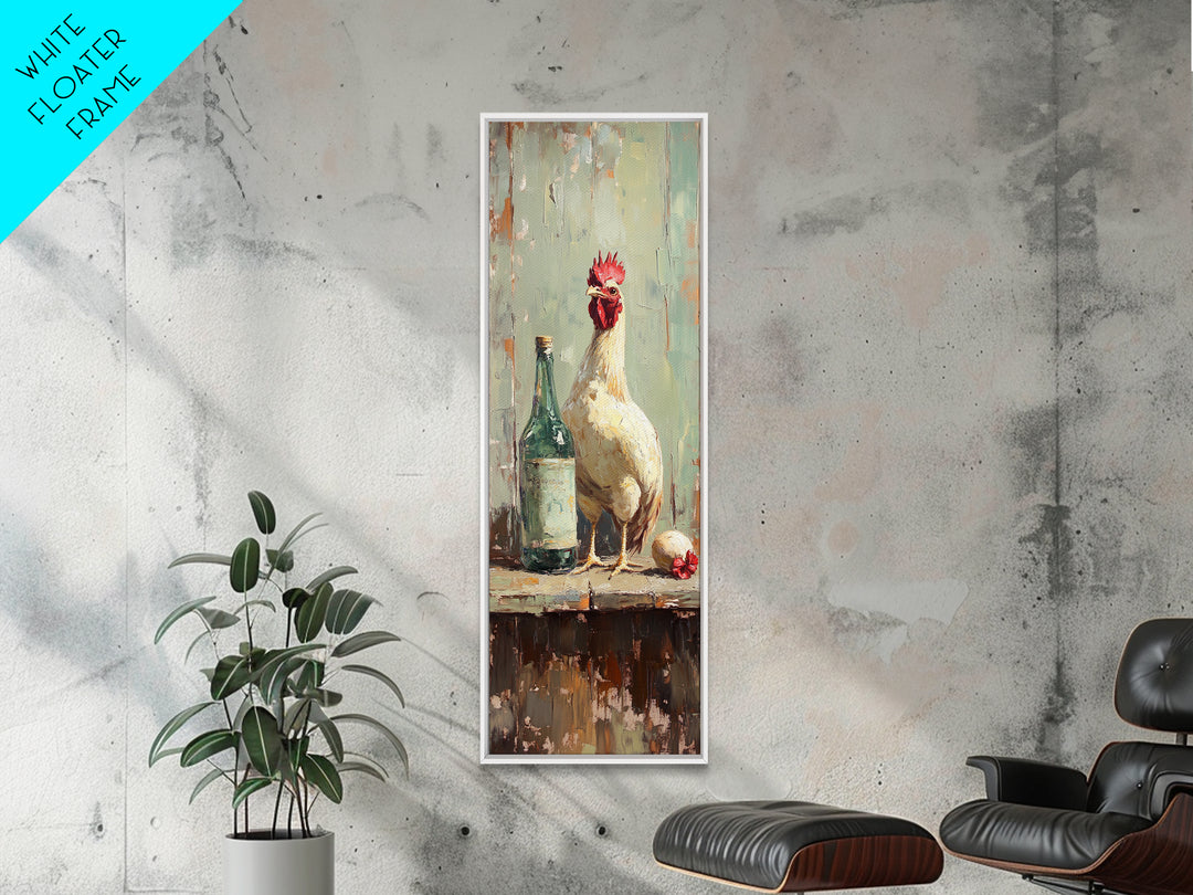 Rustic White Rooster And Green Bottle Framed Canvas Print, Farmhouse Kitchen Wall Art, Country Decor, Chicken Lover Gift