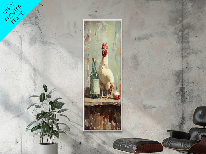 Rustic White Rooster And Green Bottle Framed Canvas Print, Farmhouse Kitchen Wall Art, Country Decor, Chicken Lover Gift