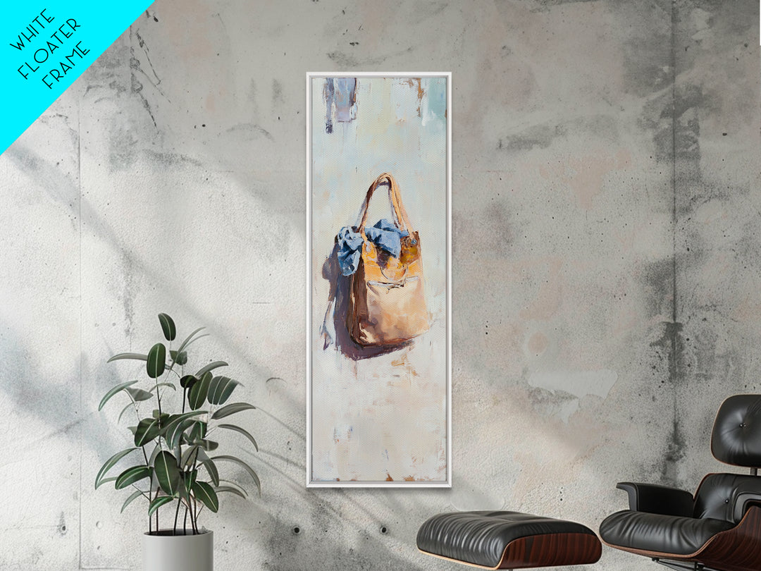 Hanging Tan Tote Bag With Blue Scarf Canvas Print, Fashion Wall Art, Feminine Bedroom Decor, Chic Closet Wall Decor, Gift For Her