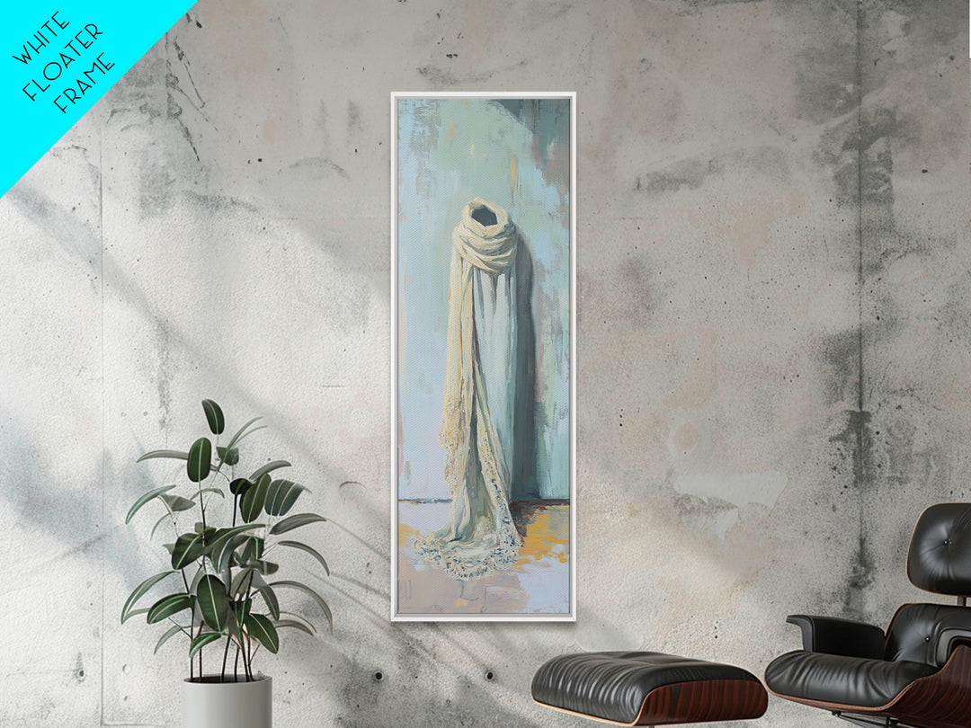 Draped White Scarf On Blue Wall Canvas Print, Minimalist Textile Wall Art, Neutral Bedroom Decor, Soft Wabi Sabi Art, Calming Decor