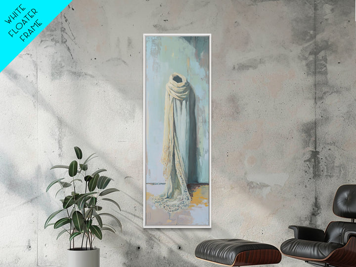Draped White Scarf On Blue Wall Canvas Print, Minimalist Textile Wall Art, Neutral Bedroom Decor, Soft Wabi Sabi Art, Calming Decor