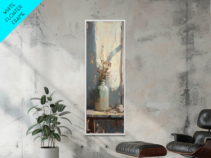 Pale Ceramic Vase With Dried Flowers Canvas Print, Rustic Botanical Wall Art, Neutral Farmhouse Decor, Window Still Life