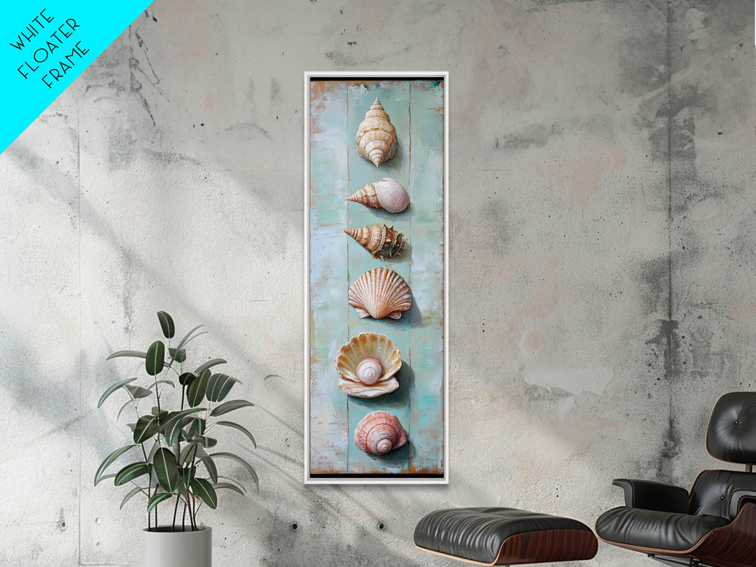 Six Seashells On Turquoise Wood Framed Canvas Print, Coastal Wall Art, Beach House Decor, Nautical Bathroom Wall Decor, Ocean Print