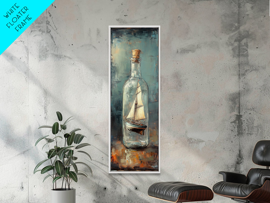 Ship In A Glass Bottle Framed Canvas Print, Nautical Wall Art, Coastal Home Decor, Lake House Decor, Ocean Wall Decor, Sailboat Art