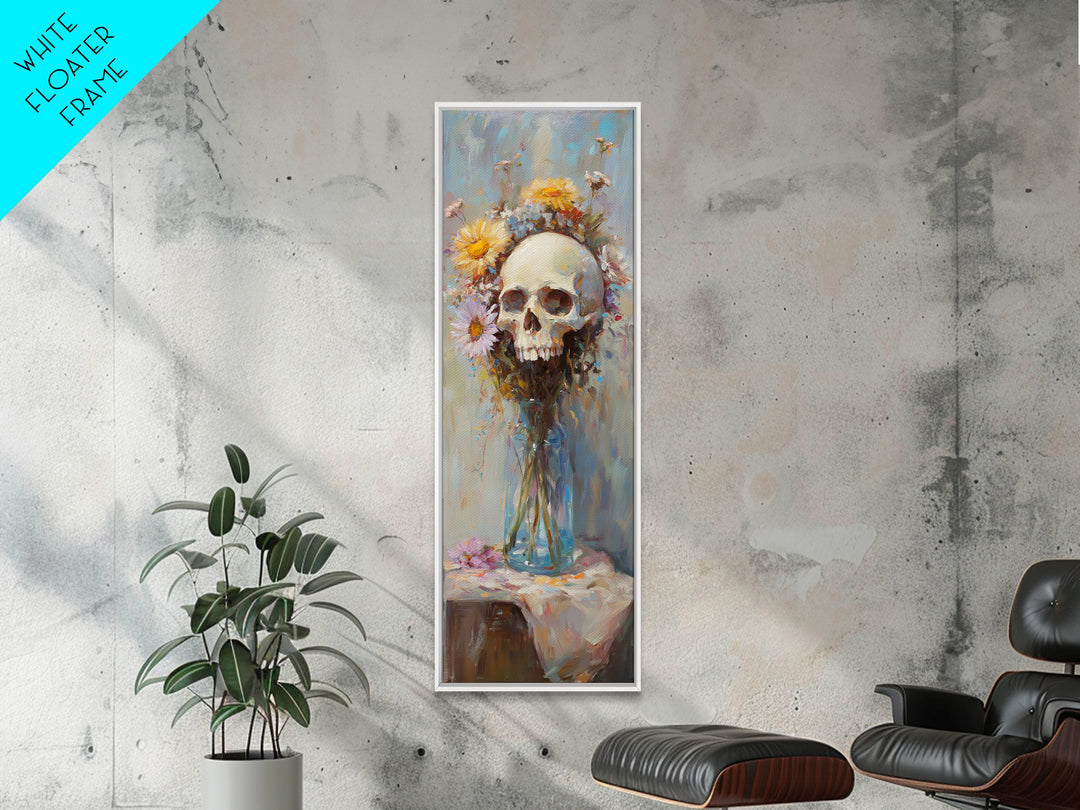 Floral Skull In Glass Vase Wall Art, Gothic Memento Mori Still Life Canvas, Dark Academia Decor, Moody Floral Gift For Her