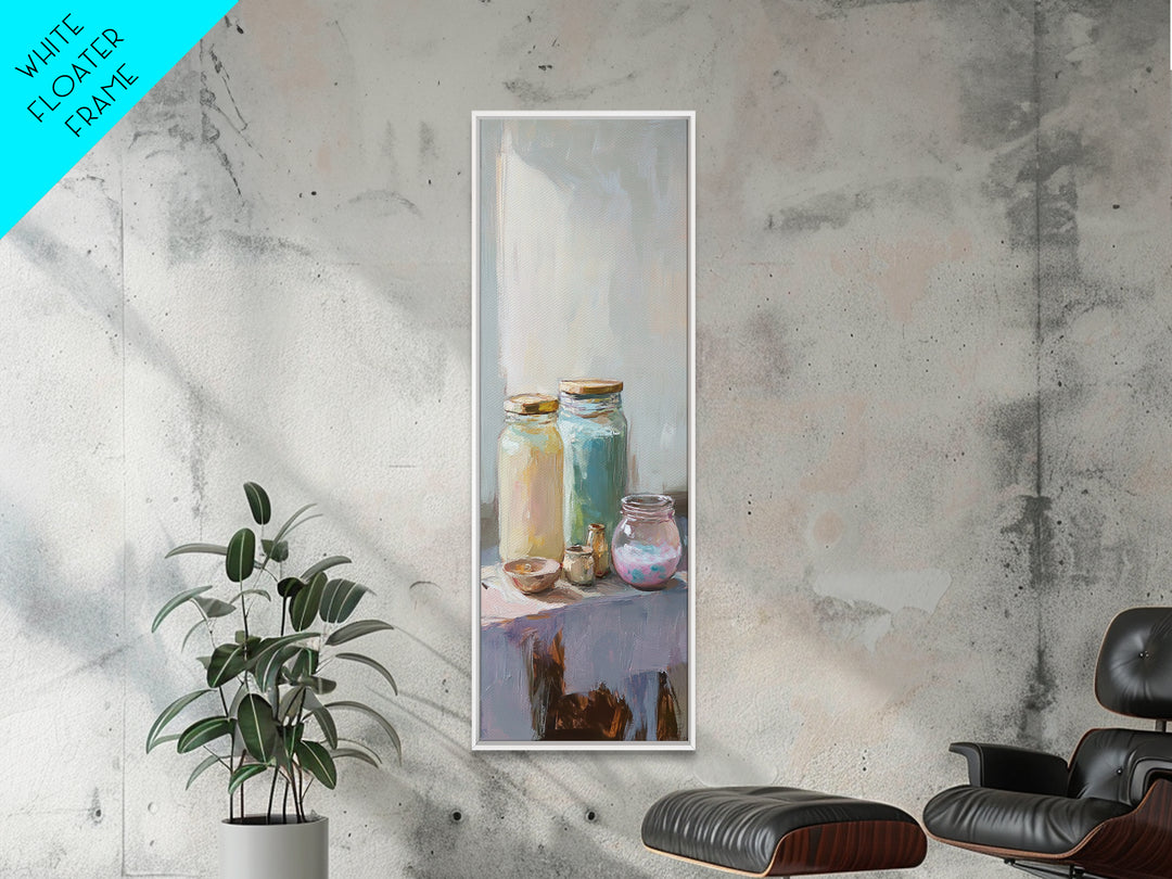 Pastel Glass Jars And Bottles Wall Art, Minimalist Still Life Canvas Print, Soft Kitchen Decor, Modern Home Decor, Housewarming Gift