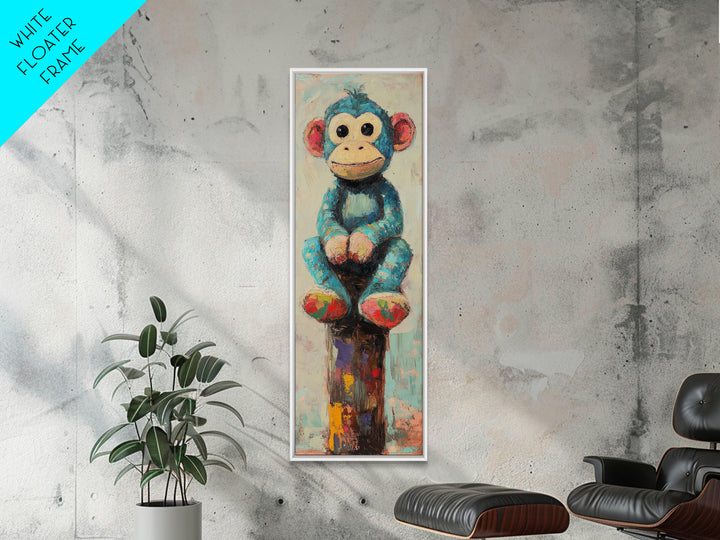 Whimsical Blue Monkey Toy Wall Art, Cute Animal Nursery Decor, Kids Room Canvas Print, Playroom Decor And Baby Shower Gift