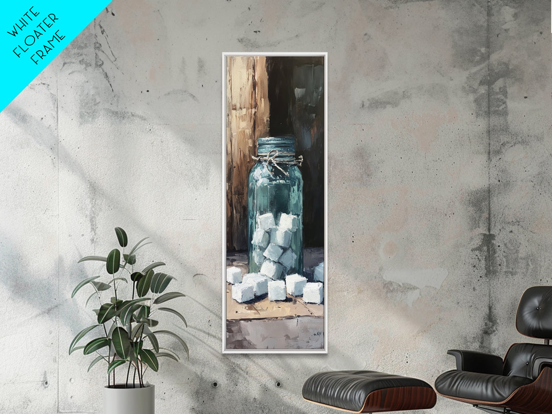Blue Mason Jar With Sugar Cubes Canvas Print, Rustic Kitchen Wall Art, Farmhouse Decor, Coffee Bar Art, Sweet Still Life