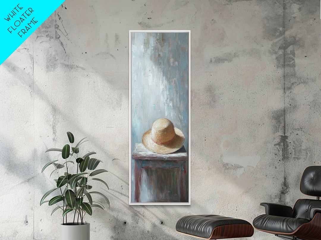 Straw Sun Hat On Weathered Table Canvas Print, Coastal Wall Art, Rustic Bedroom Decor, Neutral Farmhouse Home Decor Gift