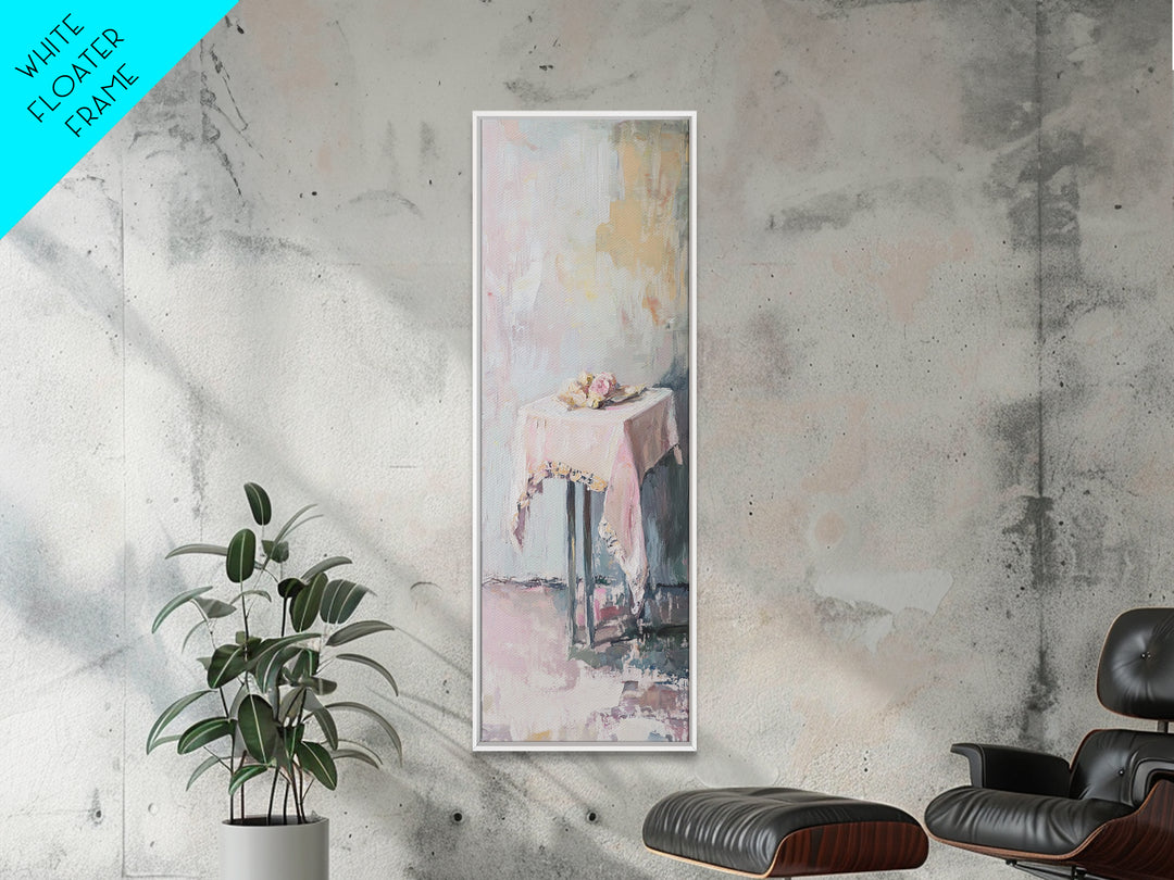 Pastel Pink Draped Table With Teacup Wall Art, Minimalist Canvas Print, Soft Abstract Still Life, Feminine Bedroom Decor