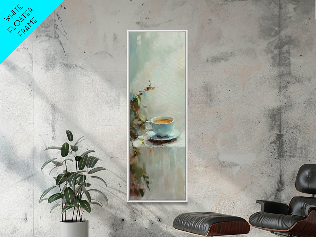 Blue Coffee Cup With Soft Green Foliage Wall Art, Minimalist Kitchen Decor, Cozy Cafe Print, Neutral Home Decor, Gift For Her