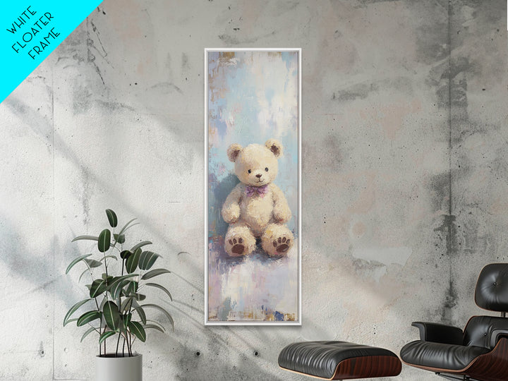 Cream Teddy Bear With Purple Bow Framed Canvas Print, Nursery Wall Art, Whimsical Animal Decor, Baby Shower Gift, Kids Room Decor