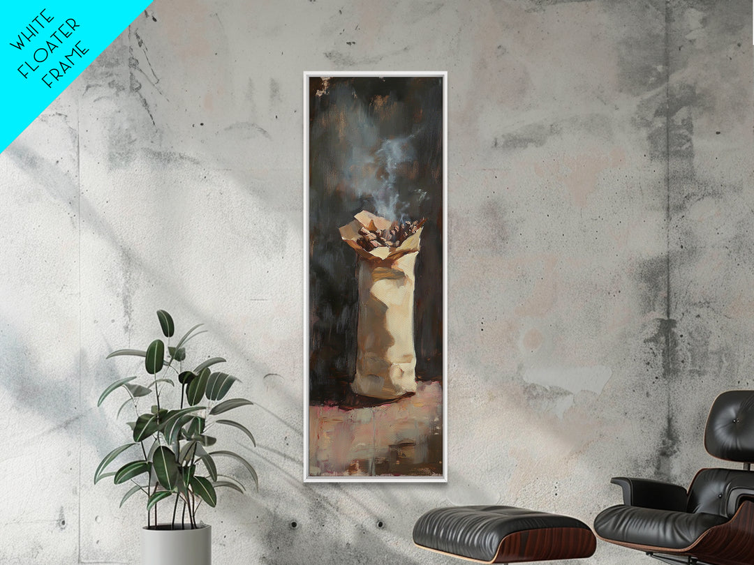 Moody Smoking Paper Bag Still Life Wall Art, Rustic Oil Painting Print, Dark Academia Decor, Unique Kitchen Wall Decor And Home Decor