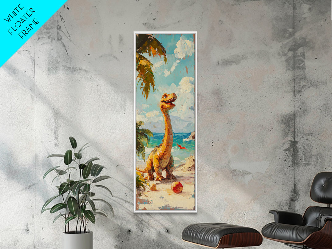Cheerful Dinosaur On Tropical Beach Canvas Print, Whimsical Nursery Decor, Coastal Kids Room Art, Cute Animal Wall Decor