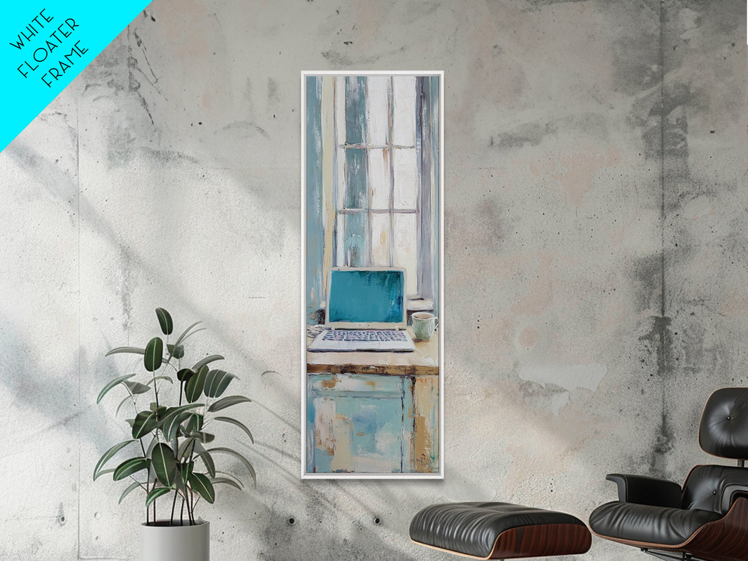 Blue Laptop By Bright Window Wall Art, Home Office Decor, Minimalist Desk Art Print, Modern Work From Home Canvas Art Decor