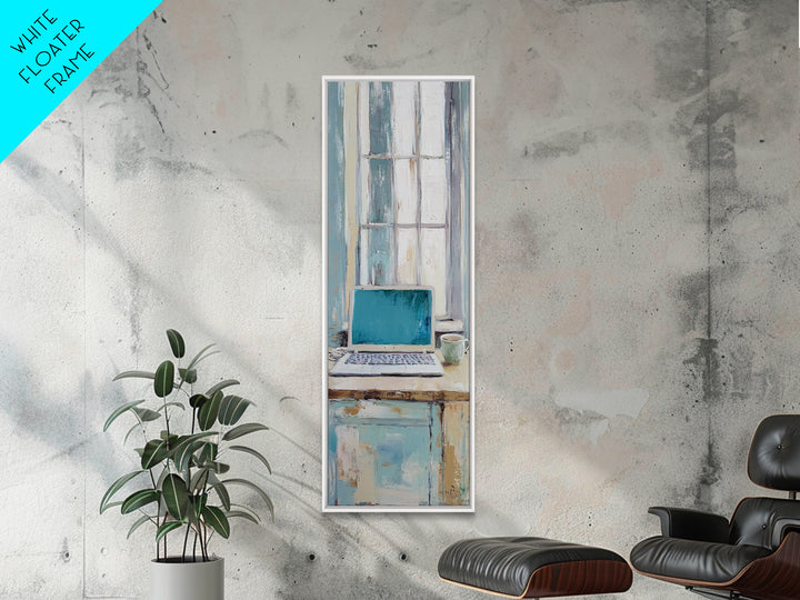 Blue Laptop By Bright Window Wall Art, Home Office Decor, Minimalist Desk Art Print, Modern Work From Home Canvas Art Decor
