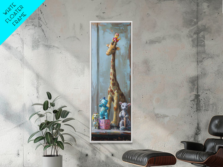 Whimsical Giraffe And Teddy Bear Framed Canvas Print, Nursery Wall Art, Kids Room Decor, Safari Animal Baby Shower Gift Idea