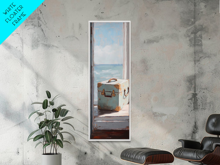 Blue Suitcase Ocean Window Canvas Print, Coastal Wall Art, Beach House Decor, Travel Inspired Living Room Wall Decor Gift