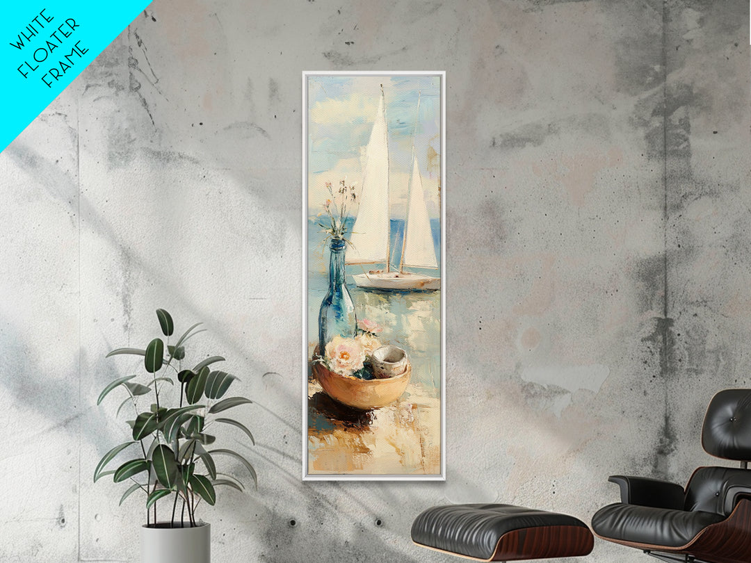Sailboat Seaside Still Life Framed Canvas Print, Coastal Wall Art, Beach House Decor, Nautical Living Room Wall Decor Gift