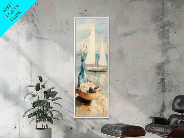 Sailboat Seaside Still Life Framed Canvas Print, Coastal Wall Art, Beach House Decor, Nautical Living Room Wall Decor Gift