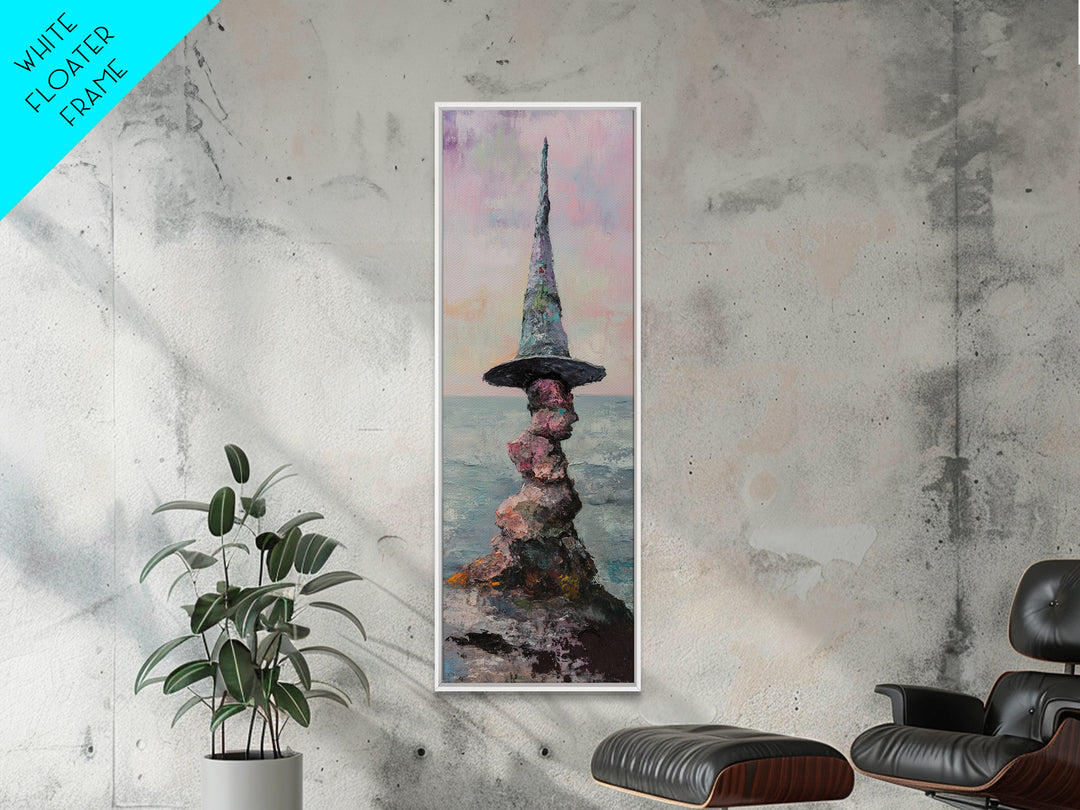Whimsical Wizard Hat Rock Tower Wall Art, Fantasy Seascape, Surreal Art Print, Magical Coastal Decor, Unique Gift, Living Room Decor