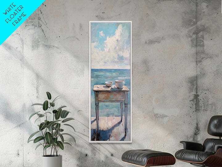 Two Teacups By The Sea Coastal Still Life Wall Art, Ocean Canvas Wall Decor, Beach House Living Room Decor, Neutral Seascape Kitchen Print